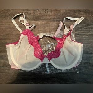 Victoria's Secret Tease Unlined Sheer Pink and White Lace Mesh Bra 34D